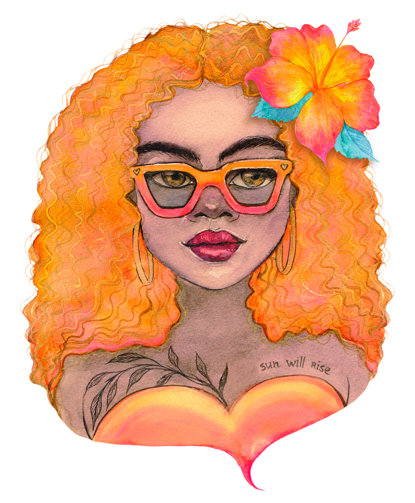 Watercolor women portrait, orange girl.